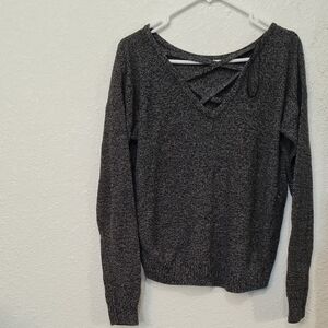 Black V-Neck Sweater with Crisscross Detailing and Relaxed Fit